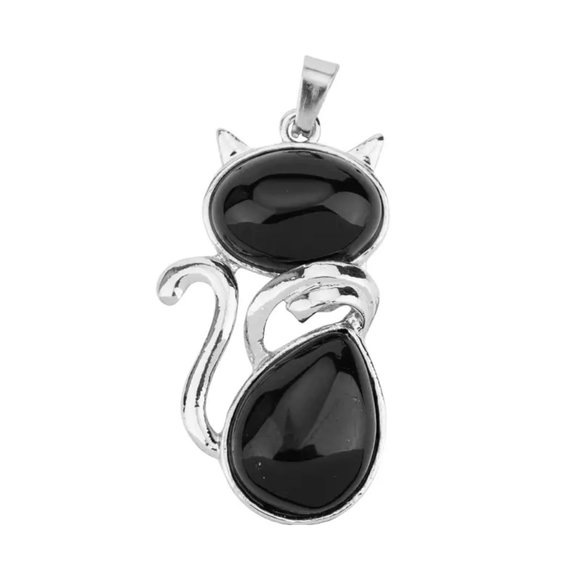 Black Obsidian Natural Stone Cute Cat Pendant Necklace - Picture 2 of 3